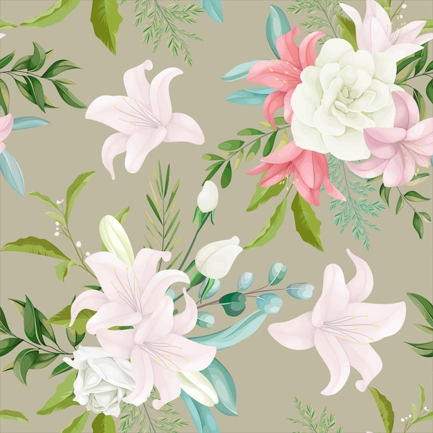 Elegante patrón floral sin fisuras con hermosas flores y hojas de dibujo a mano