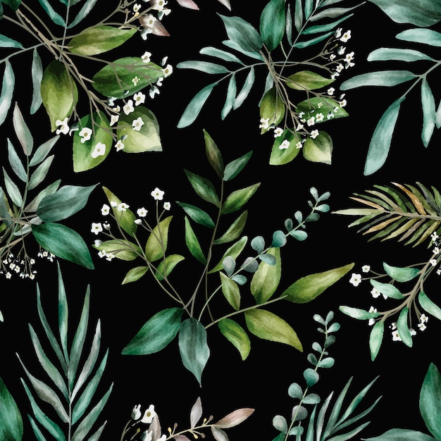 Elegante patrón floral transparente con dibujo a mano alzada, hojas de acuarela