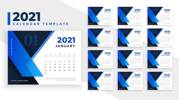Elegante plantilla de calendario 2021 en estilo de formas geométricas azules