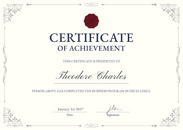 Elegante plantilla de certificado ornamental en beige y negro.