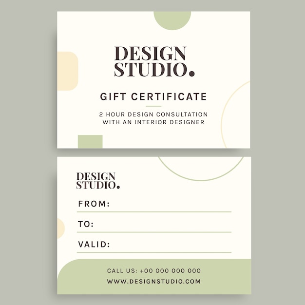 Elegante plantilla de certificado de regalo de estudio de diseño de interiores geométricos