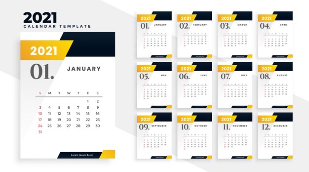 Elegante plantilla de diseño de calendario de año nuevo amarillo 2021