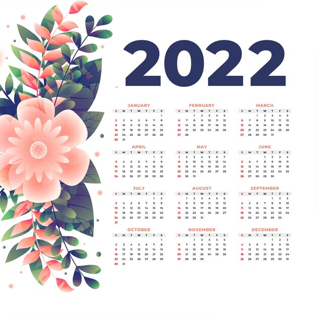 Elegante plantilla de diseño de calendario de año nuevo de flor 2022