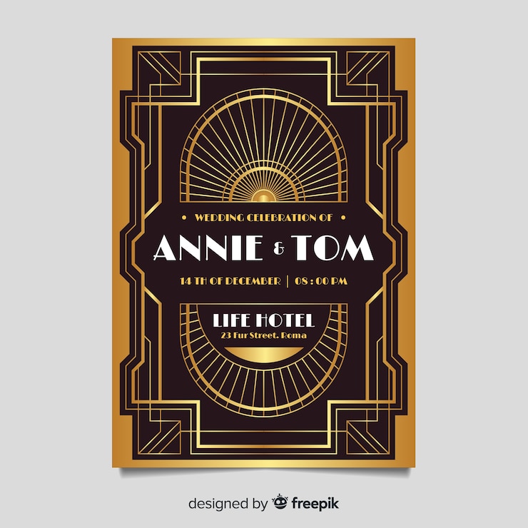 Vector gratuito elegante plantilla de invitación de boda en diseño art deco