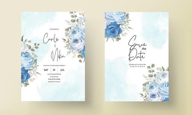 elegante plantilla de invitación de boda floral azul