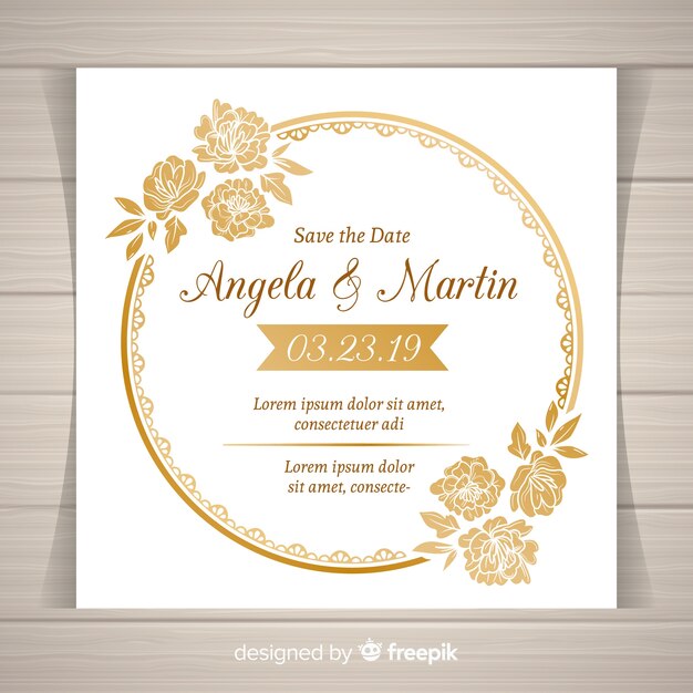 Elegante plantilla de invitación de boda floral con marco dorado
