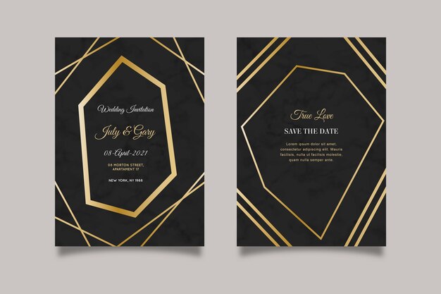Elegante plantilla de invitación de boda de mármol con detalles dorados