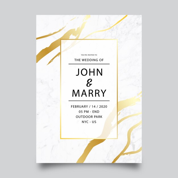 Elegante plantilla de invitación de boda de mármol con detalles dorados