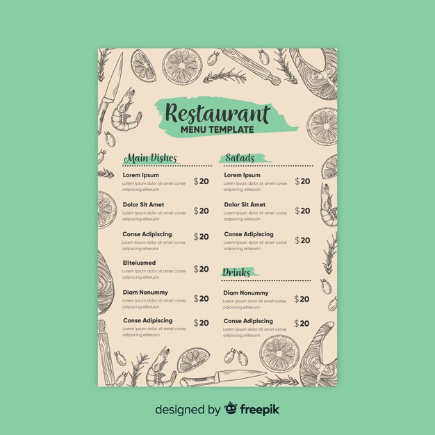 Elegante plantilla de menú de restaurante con dibujos