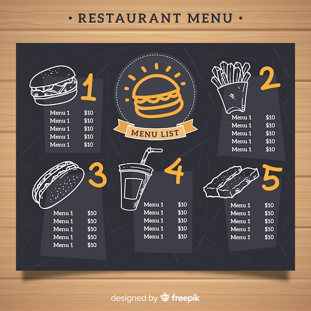 Elegante plantilla de menú de restaurante con estilo de pizarra