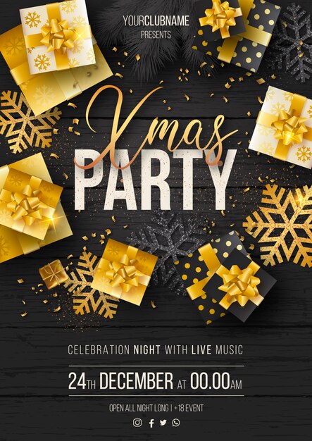 Elegante plantilla de póster de fiesta de Navidad con regalos de lujo