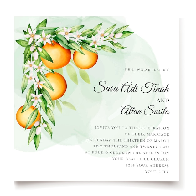 Elegante plantilla de tarjeta de invitación de acuarela naranja frutas