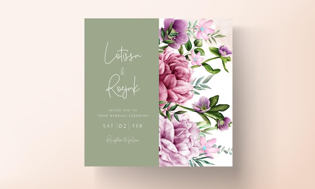 Elegante plantilla de tarjeta de invitación de boda floral acuarela púrpura