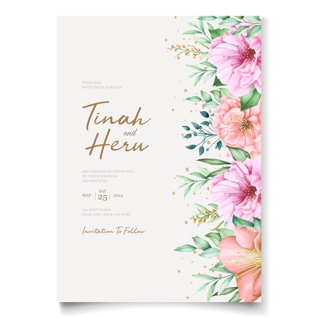 Elegante plantilla de tarjetas de invitación de boda con diseño de acuarela flor de cerezo