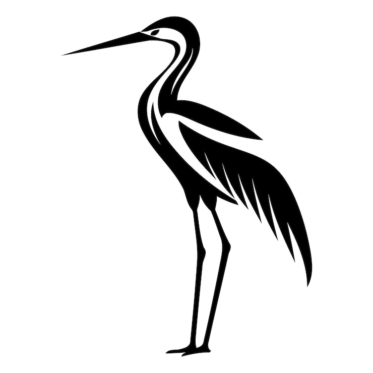Vector gratuito elegante silueta en blanco y negro de una garza de pie, perfecta para logotipos, marcas o elementos decorativos