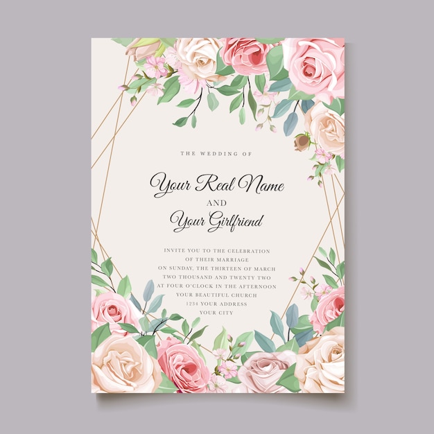 Elegante tarjeta de boda con hermosa plantilla floral y hojas