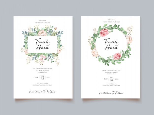 Vector gratuito elegante tarjeta de boda con hermosa plantilla floral y hojas