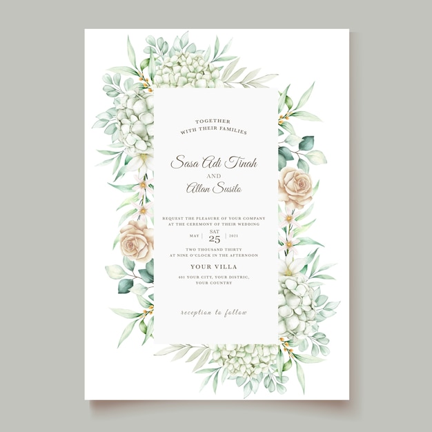 Vector gratuito elegante tarjeta de boda con hermosa plantilla floral y hojas