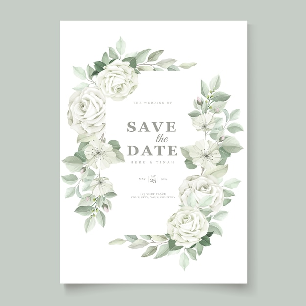 Vector gratuito elegante tarjeta de boda con hermosa plantilla floral y hojas