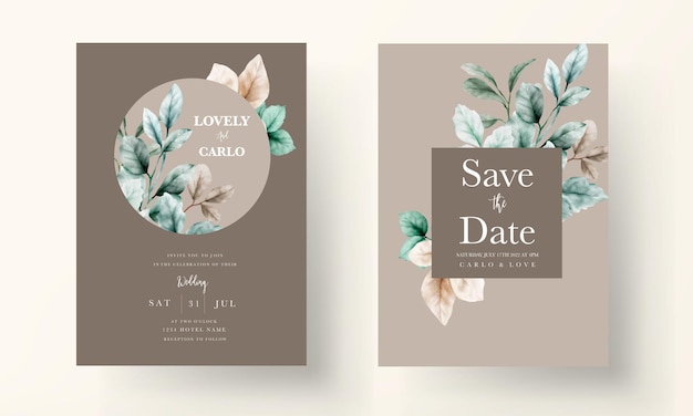 Elegante tarjeta de invitación de boda hojas de acuarela con color salvia
