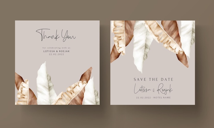 Vector gratuito elegante tarjeta de invitación de boda de hojas de plátano