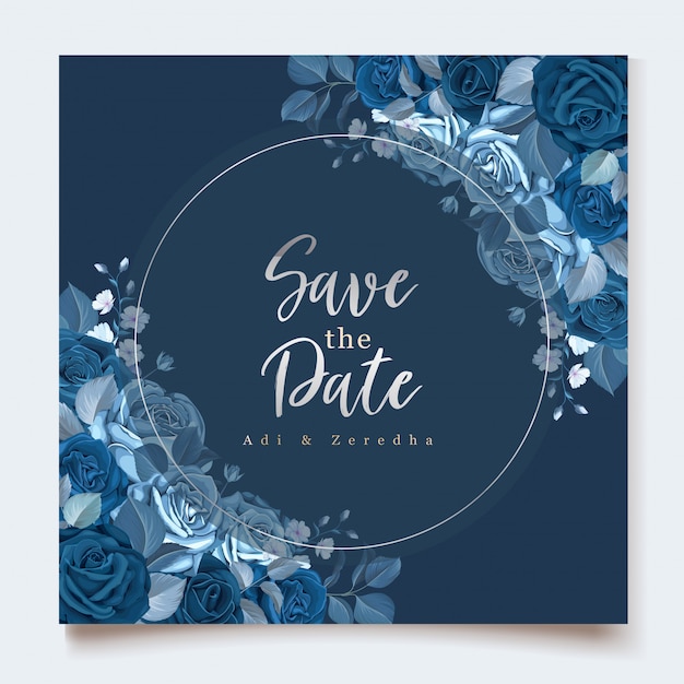 elegante tarjeta de invitación con plantilla floral azul clásica