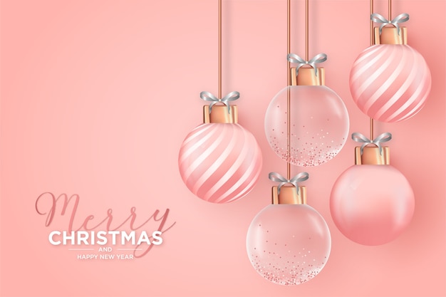 Elegante tarjeta de Navidad con bolas de Navidad rosa realistas