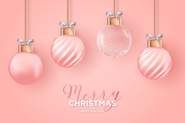 Elegante tarjeta de Navidad con bolas de Navidad rosa realistas