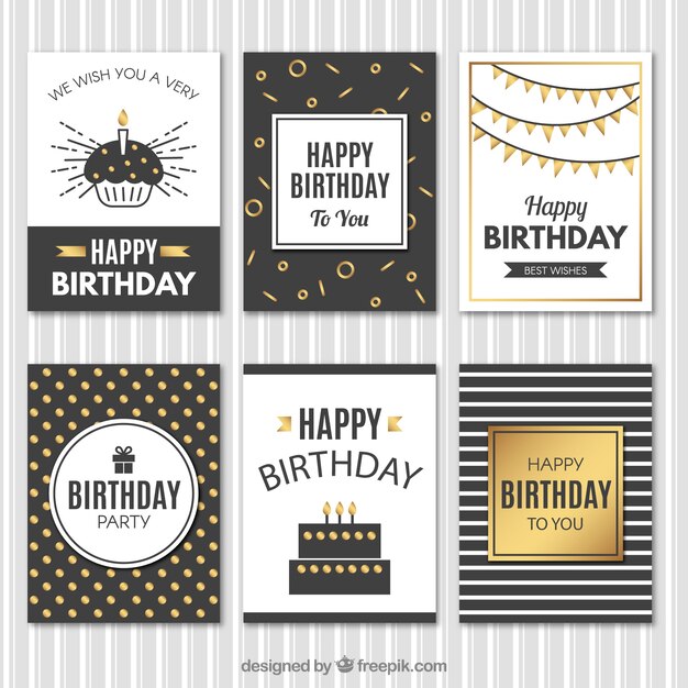 Elegantes tarjetas de cumpleaños vintage con detalles dorados