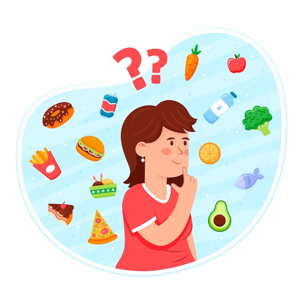 Elegir entre alimentos saludables o no saludables con una mujer pensando