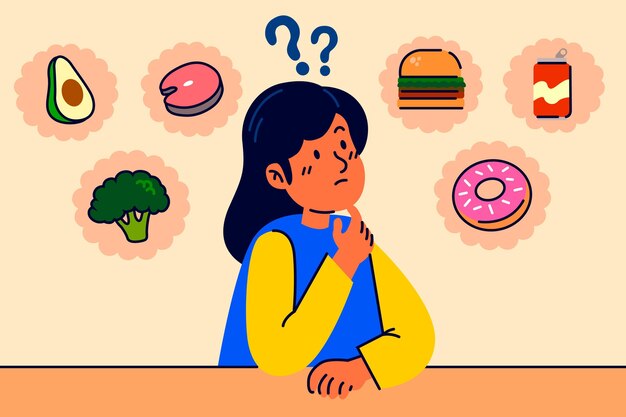Elegir entre personaje de mujer saludable y comida chatarra