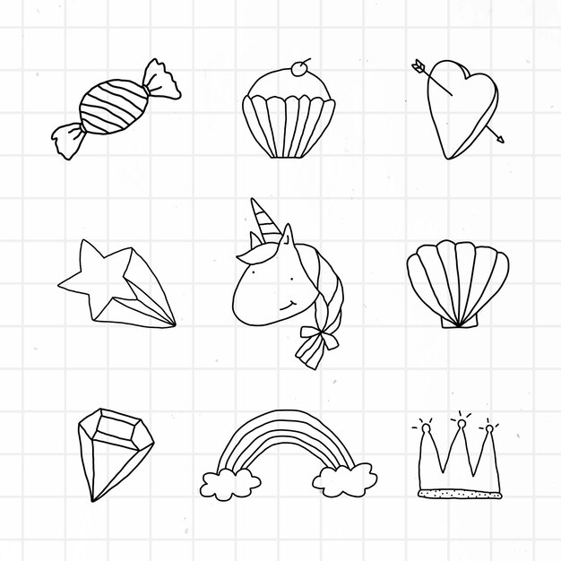 Elemento de diseño de estilo garabato lindo establecido en un vector de fondo de cuadrícula