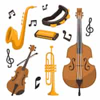 Vector gratuito elemento de diseño de instrumentos musicales equipo musical como saxofón armónica violín trompeta violonchelo percusión