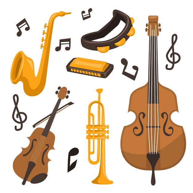 Elemento de diseño de instrumentos musicales Equipo musical como saxofón armónica violín trompeta violonchelo percusión