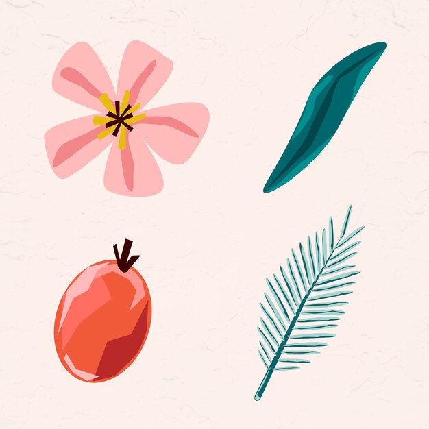 Elemento de flores y hojas rosas en un vector de fondo beige