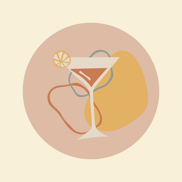 Elemento de icono de comida de martini, portada destacada de instagram, ilustración de doodle en vector de diseño de tono de tierra