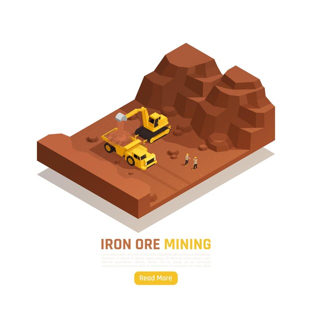 Elemento isométrico de minería a cielo abierto de recursos naturales con excavadora que recolecta y carga depósitos de mineral de hierro