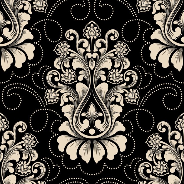 Elemento de patrón transparente Damasco de vector. Adorno de damasco antiguo de lujo clásico, textura perfecta victoriana real para fondos de pantalla, textiles, envoltura. Exquisita plantilla barroca floral.