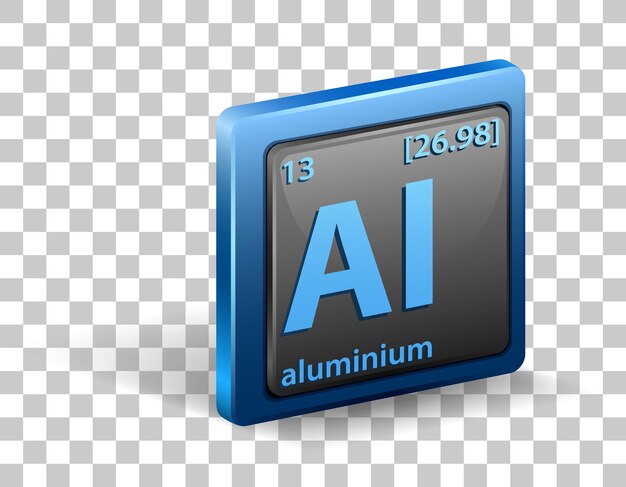 Elemento químico de aluminio. Símbolo químico con número atómico y masa atómica.