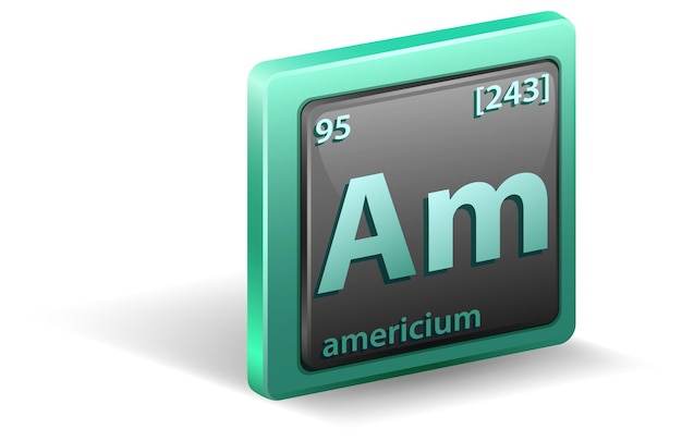 Elemento químico americio. Símbolo químico con número atómico y masa atómica.
