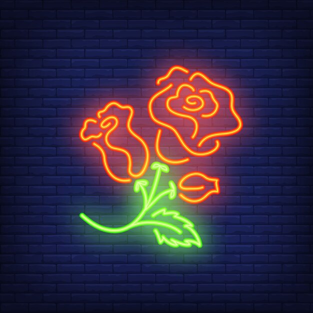 Elemento de signo de neón de arbusto de rosa. Concepto de flor para el anuncio brillante de la noche.