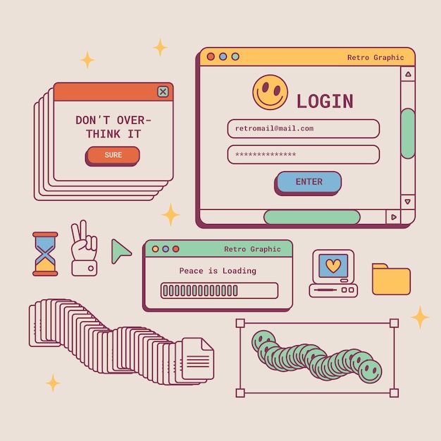 Elemento de windows de computadora de gráficos retro dibujados a mano