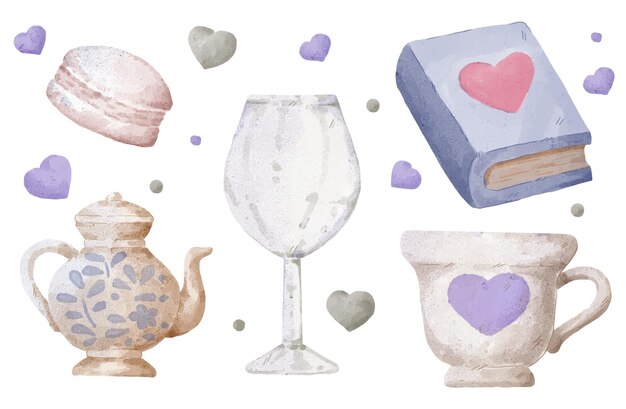 Elementos de acuarela para que los diseñadores gráficos hagan obras de arte, incluidos macaloons, postres, copas de vino, libros, copas, corazones.