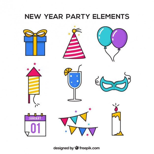 Elementos para año nuevo sobre fondo blanco