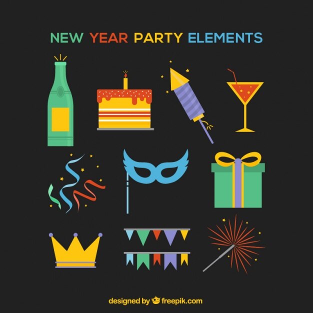 Elementos para año nuevo sobre fondo negro