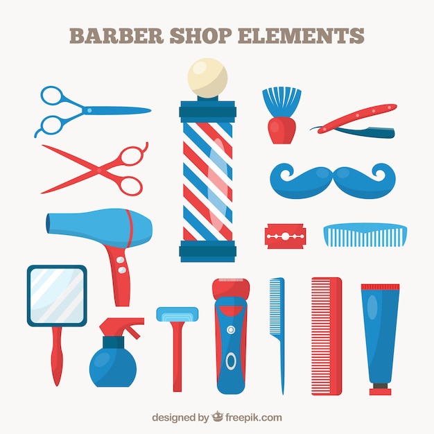 Elementos de barbería en color azul y rojo
