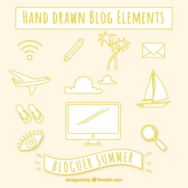 Elementos de blog dibujados a mano en color amarillo