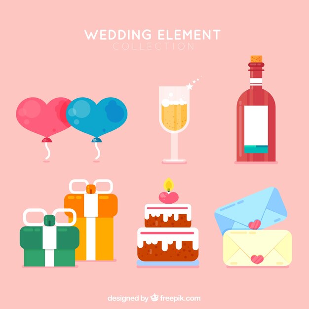 Elementos de boda adorables con diseño plano