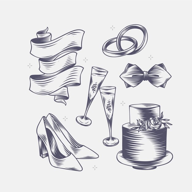 Elementos de boda grabados lineales dibujados a mano