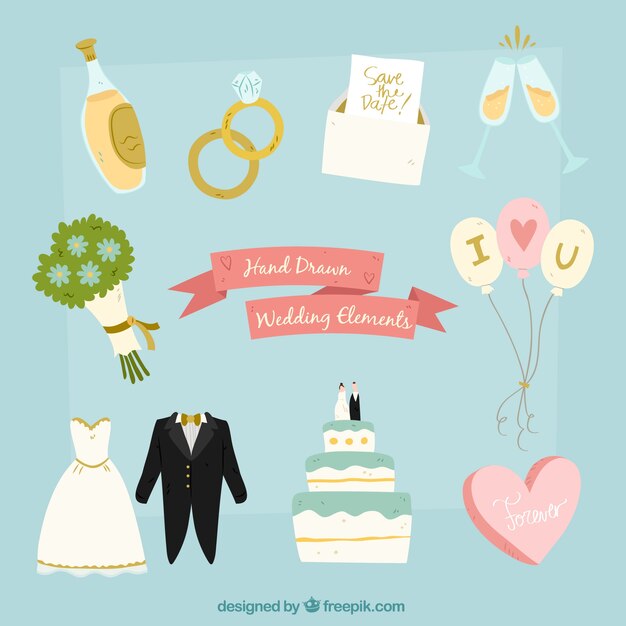 Elementos bonitos de boda con diseño plano